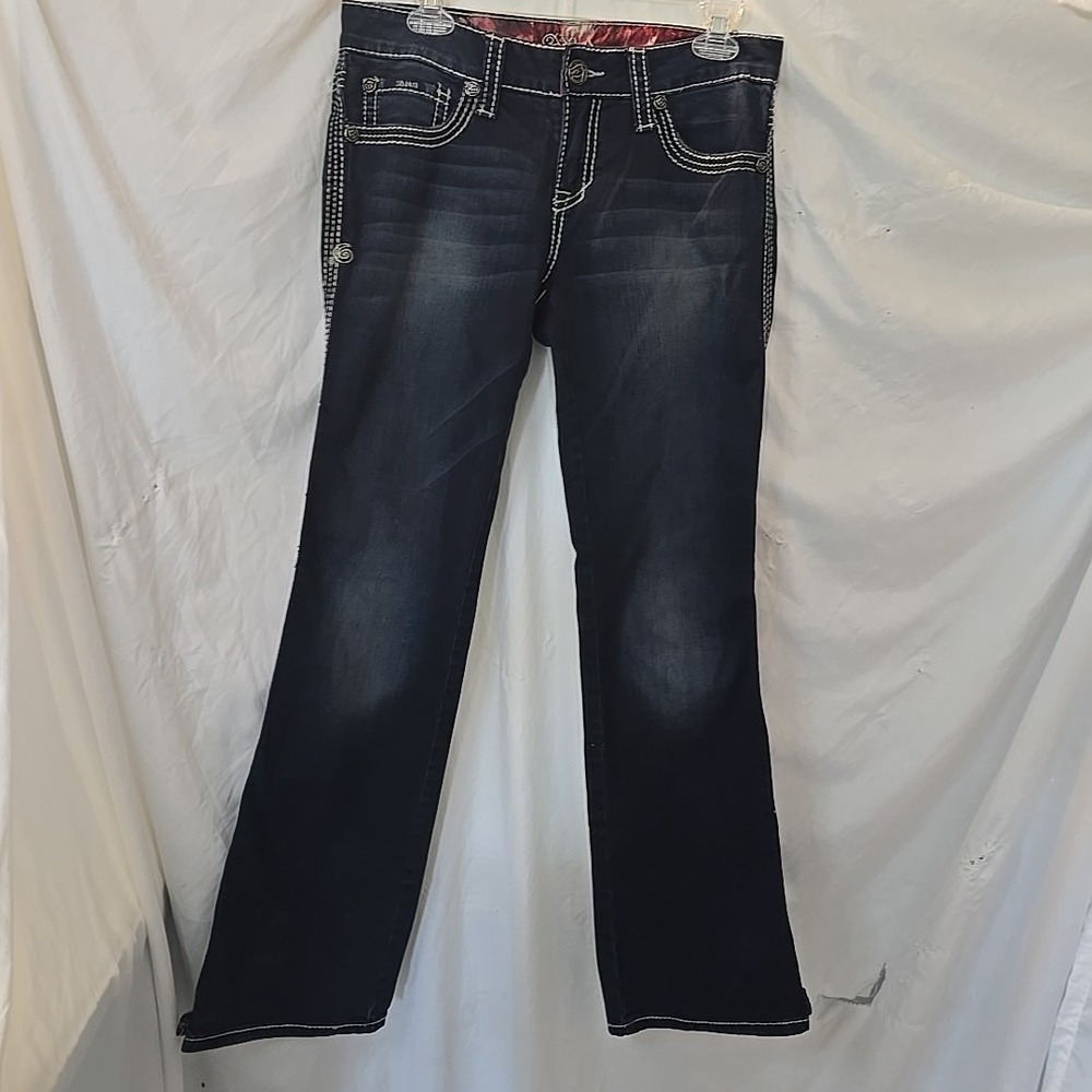 Adiktd Dark Wash Embroidered Rhinestone Studded Bootcut Jeans Size 6/33 Y2K - Picture 2 of 16
